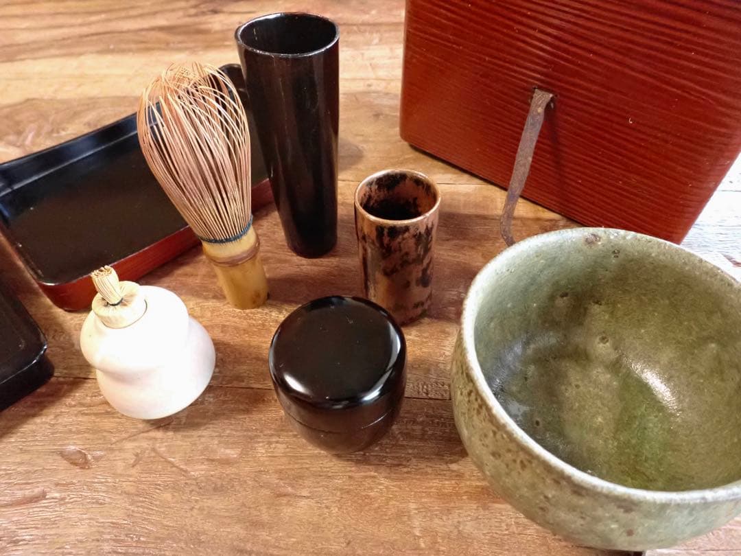 希少　江戸時代　木製漆塗り茶箱と茶道具セット　アンティーク　野点　茶道