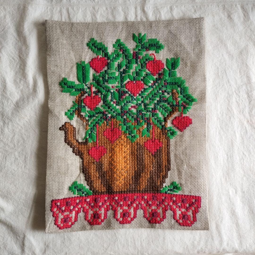 フランス　蚤の市　wool刺繍　ケトル♥