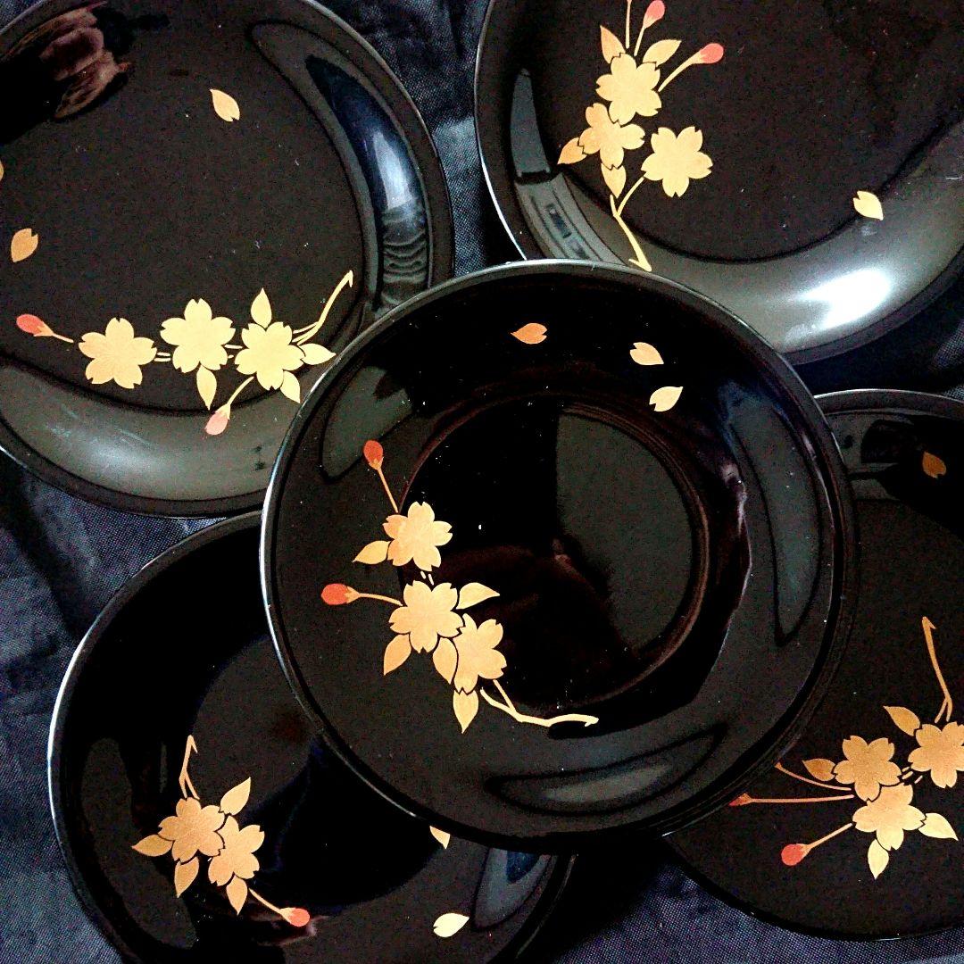 桜づくし 漆器 銘々皿 小皿 蒔絵 黒/輪島塗 越前漆器 茶道具 骨董 椀 印判