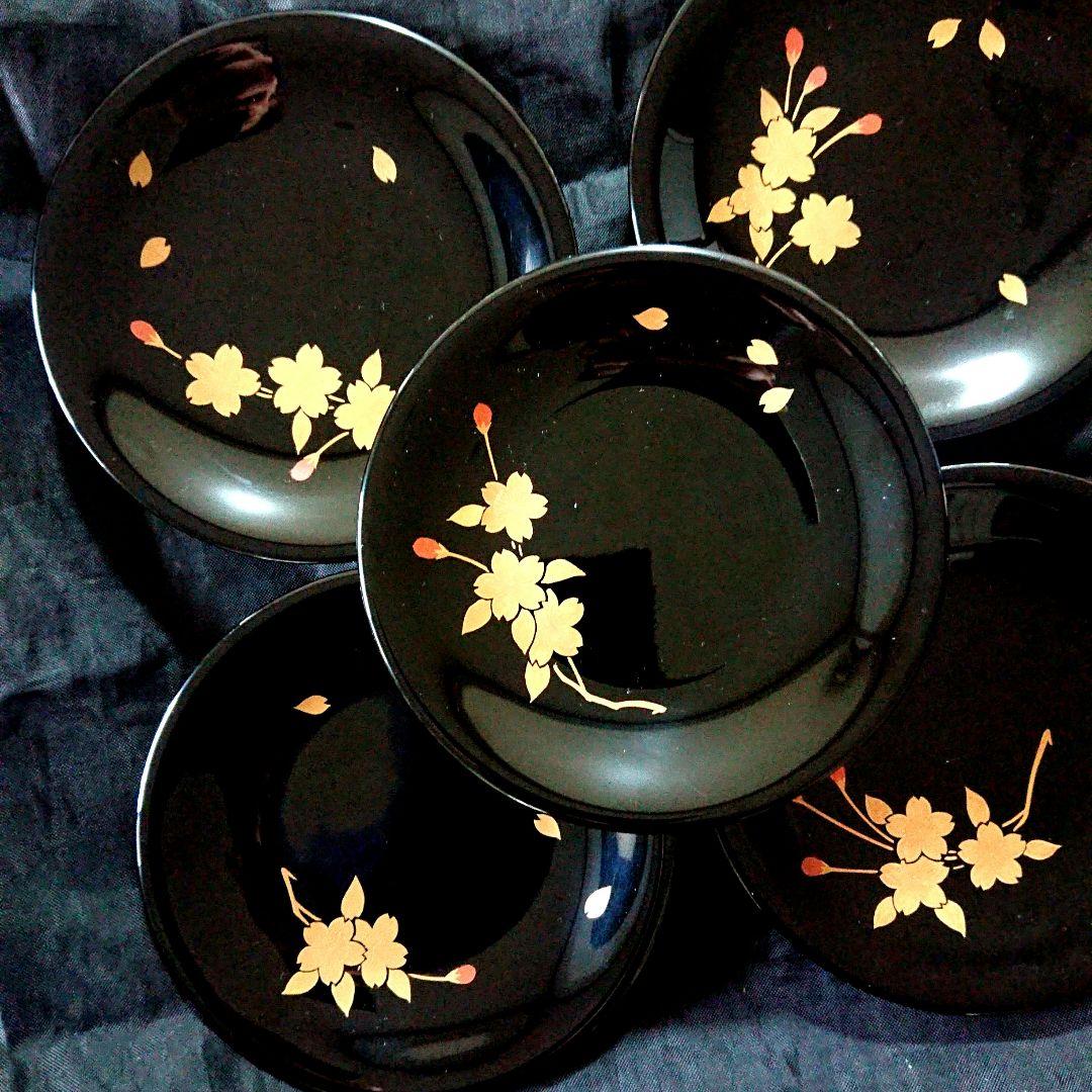 桜づくし 漆器 銘々皿 小皿 蒔絵 黒/輪島塗 越前漆器 茶道具 骨董 椀 印判