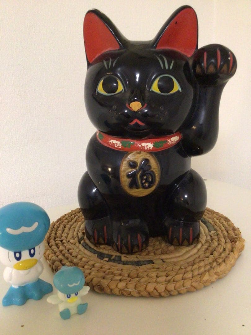 旧家〜蔵出し整理品 昭和レトロ 招き猫 貯金箱 25cm 縁起物/万両/陶器製