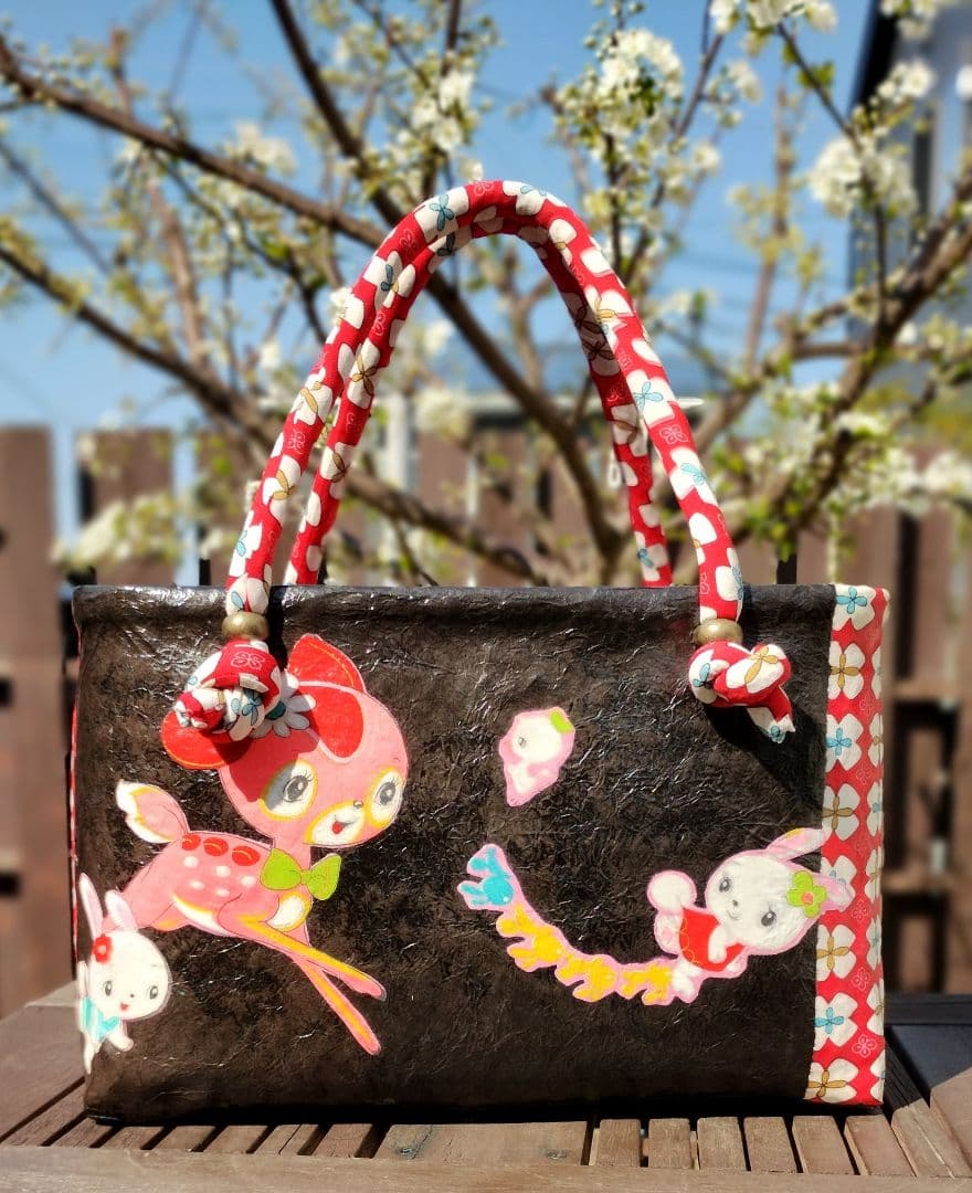 一閑張りバッグ　バンビ　うさぎ　レトロ　古布　ハンドメイド