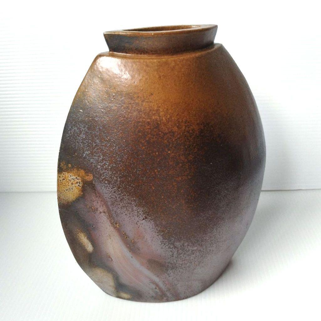 備前焼 窯変 花器 薄型 壺 工芸品 フラワーベース 池坊 草月 自由花 作家物